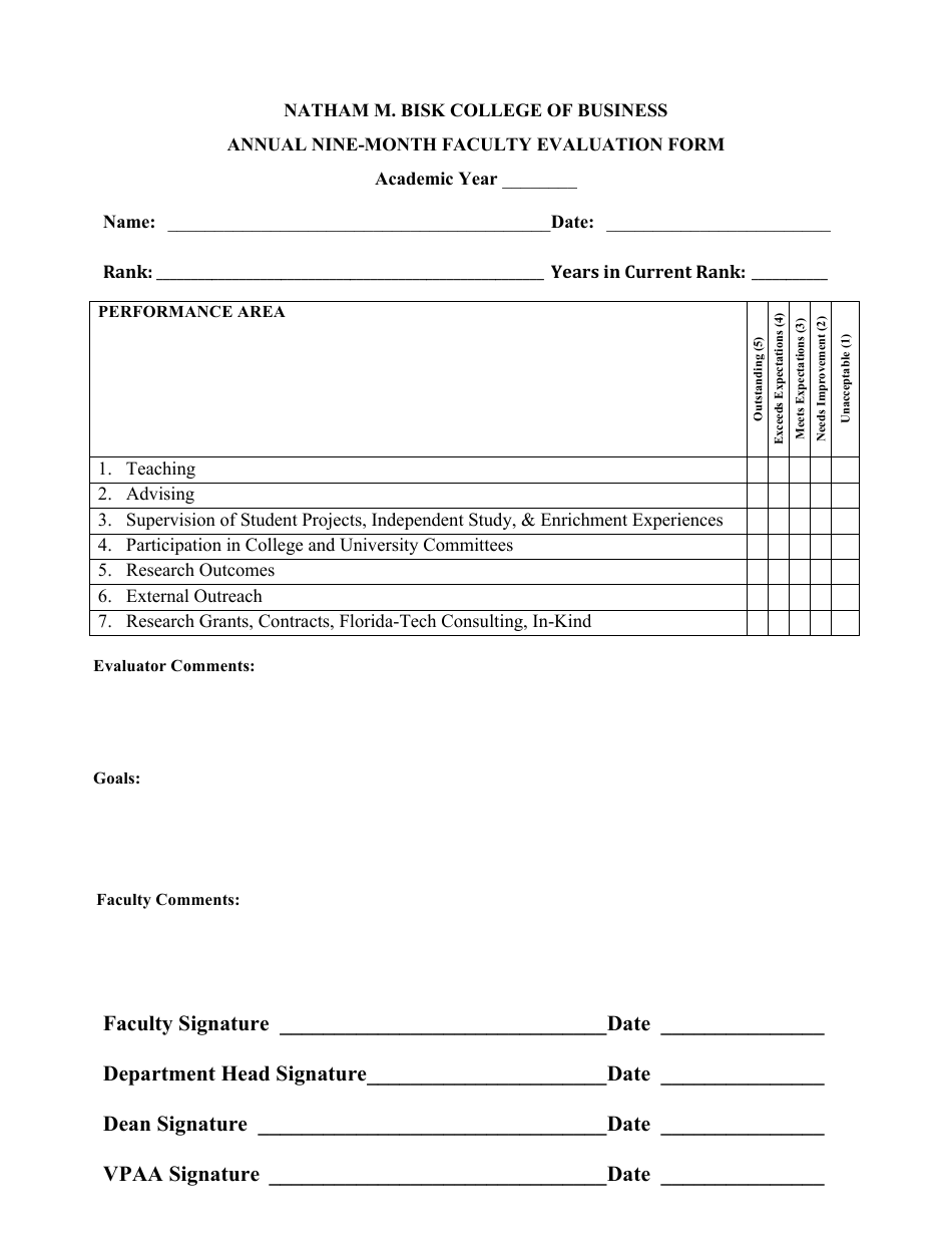 Annual Nine-Month Faculty Evaluation Form - Natham M. Bisk College of Business, Page 1
