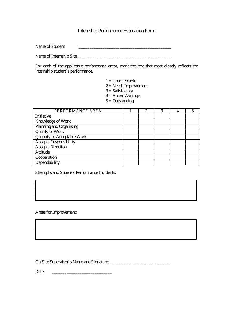 Internship Performance Evaluation Form, Page 1