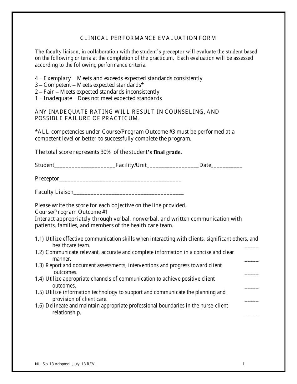 Clinical Performance Evaluation Form, Page 1