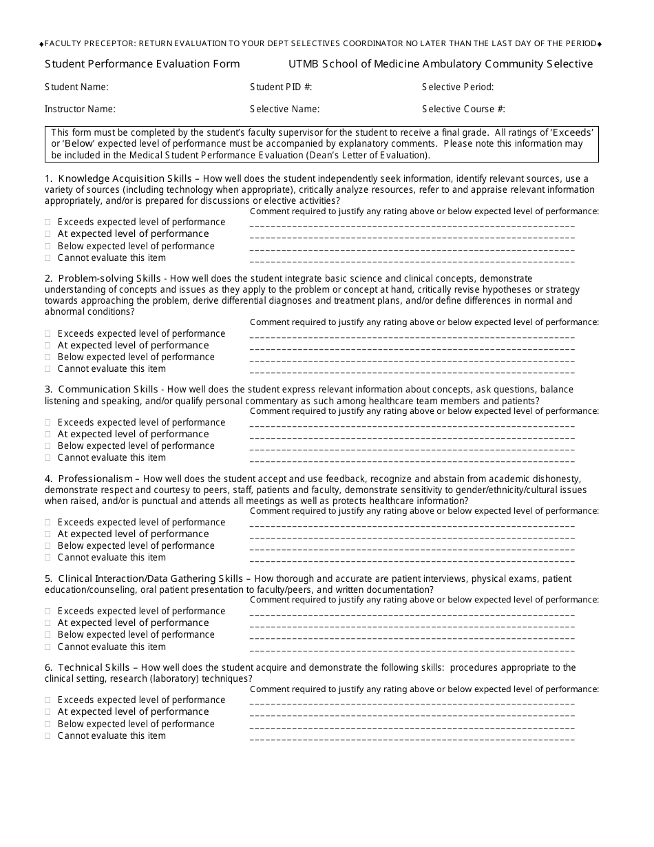 Student Performance Evaluation Form - Utmb School of Medicine Ambulatory Community Selective, Page 1