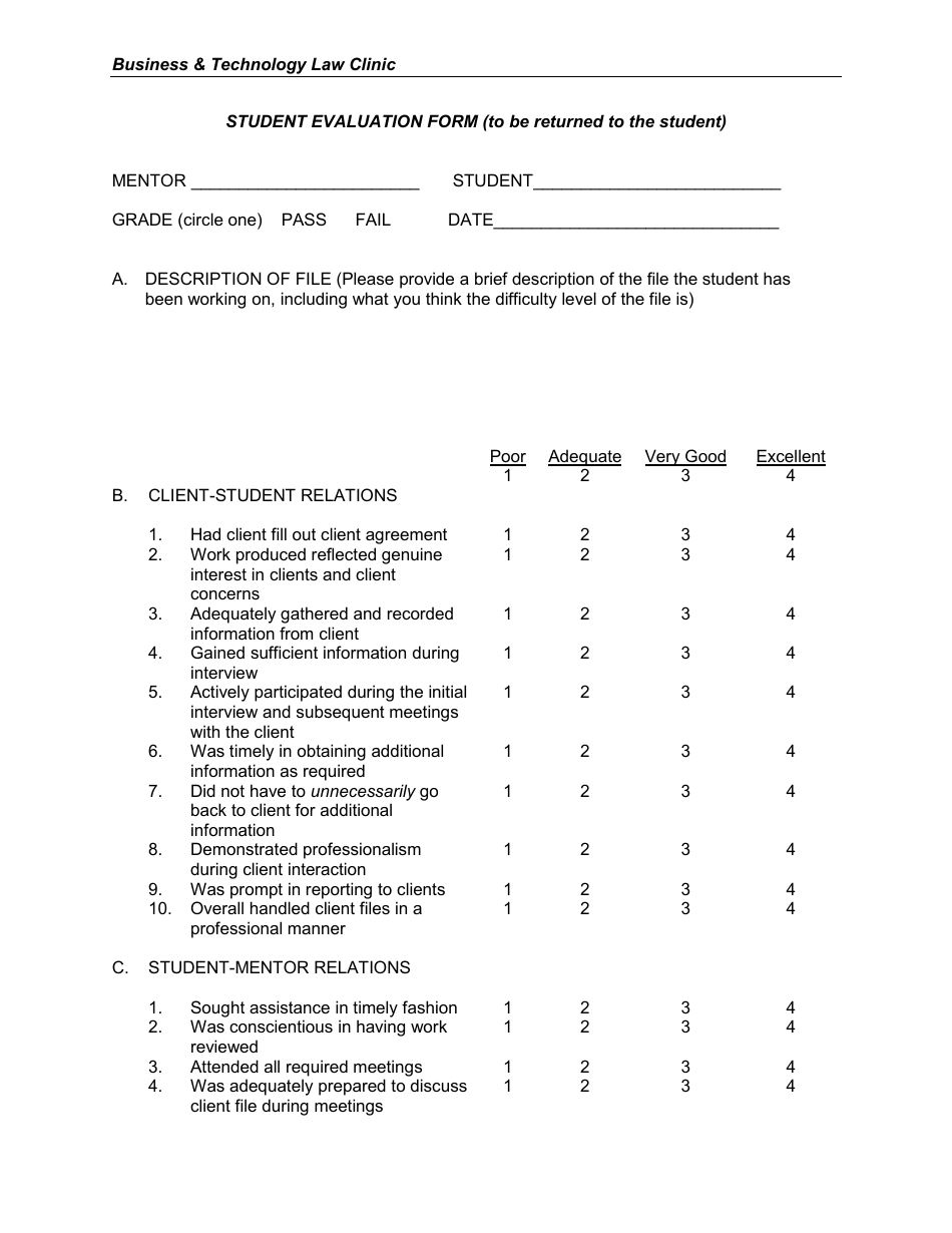 Student Evaluation Form - Business  Technology Law Clinic, Page 1