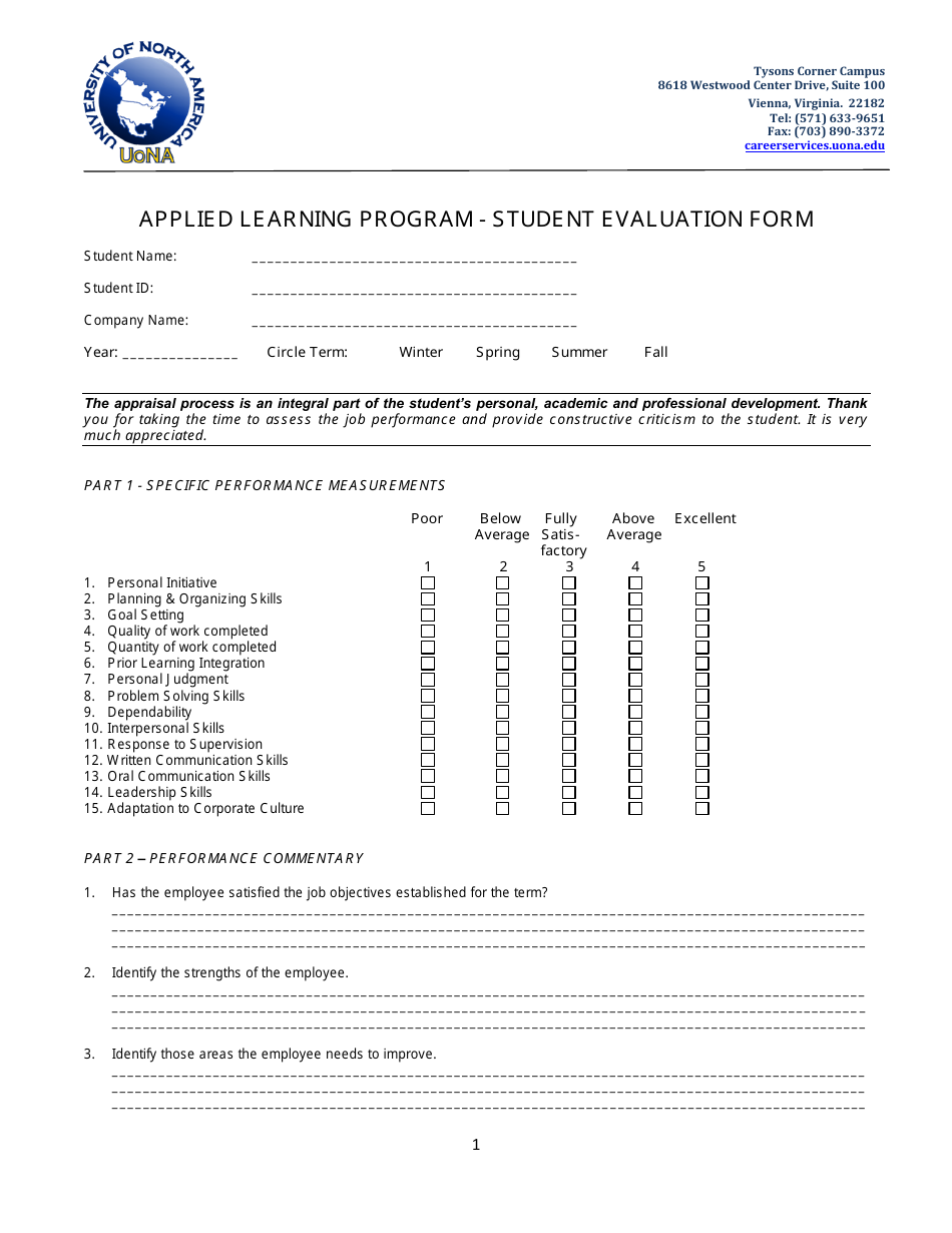 Applied Learning Program - Student Evaluation Form - University of North America, Page 1
