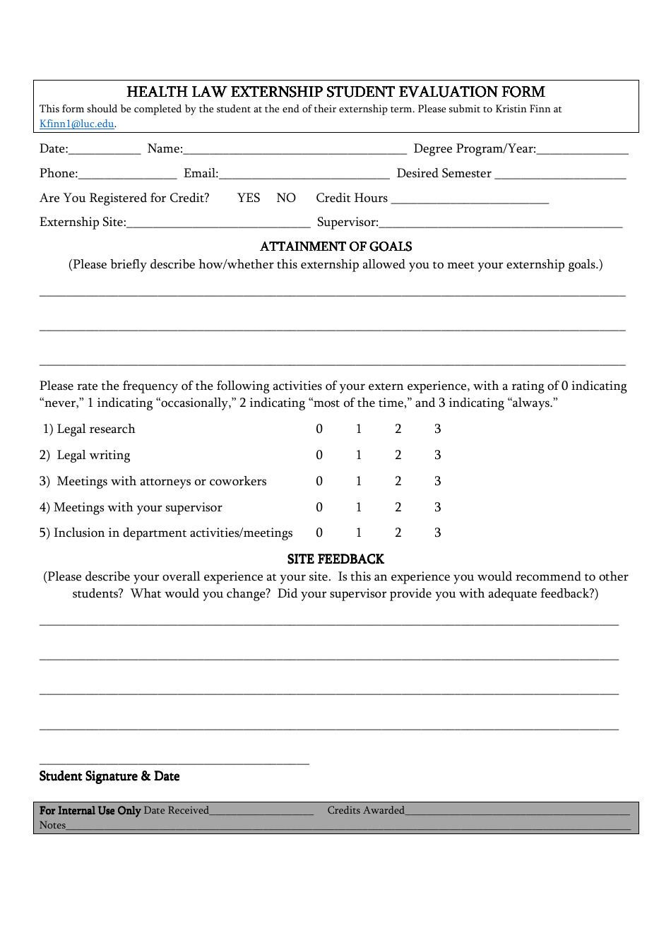 Health Law Externship Student Evaluation Form, Page 1