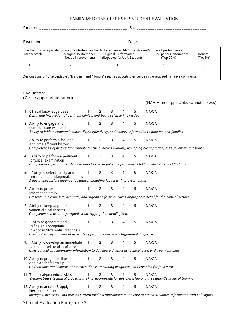 Family Medicine Clerkship Student Evaluation Form, Page 1
