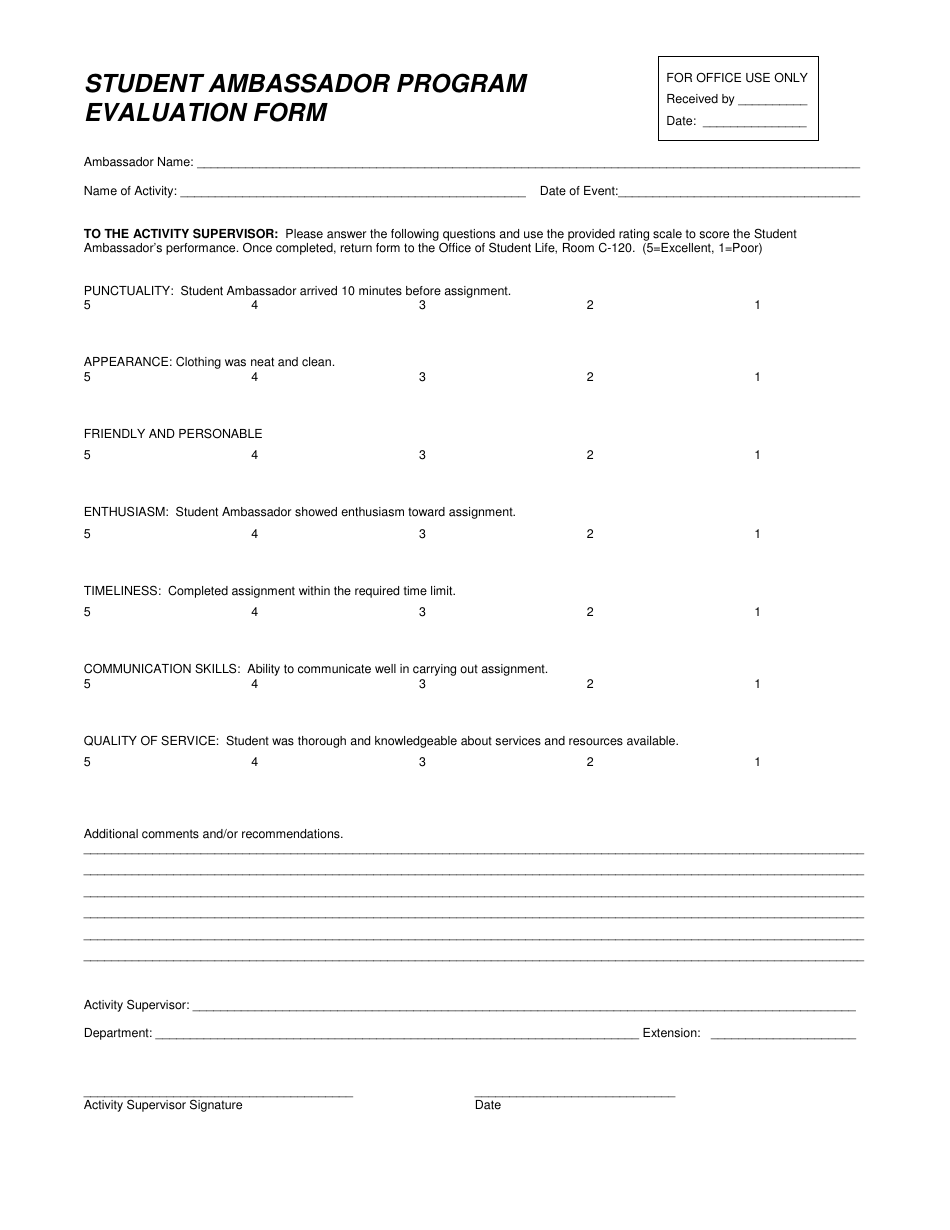 Student Ambassador Program Evaluation Form, Page 1