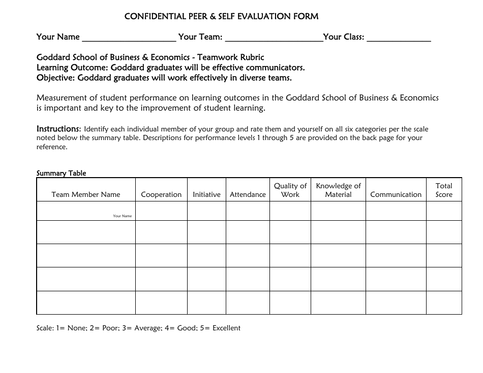 Confidential Peer  Self Evaluation Form, Page 1