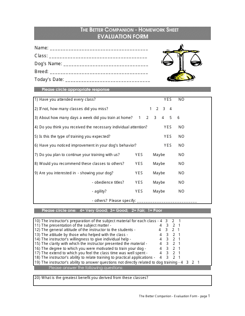 Evaluation Form for Dog Courses - the Better Companion Download Pdf