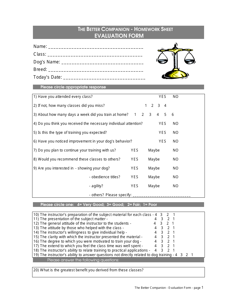 Evaluation Form For Dog Courses The Better Companion Fill Out Sign Online And Download PDF