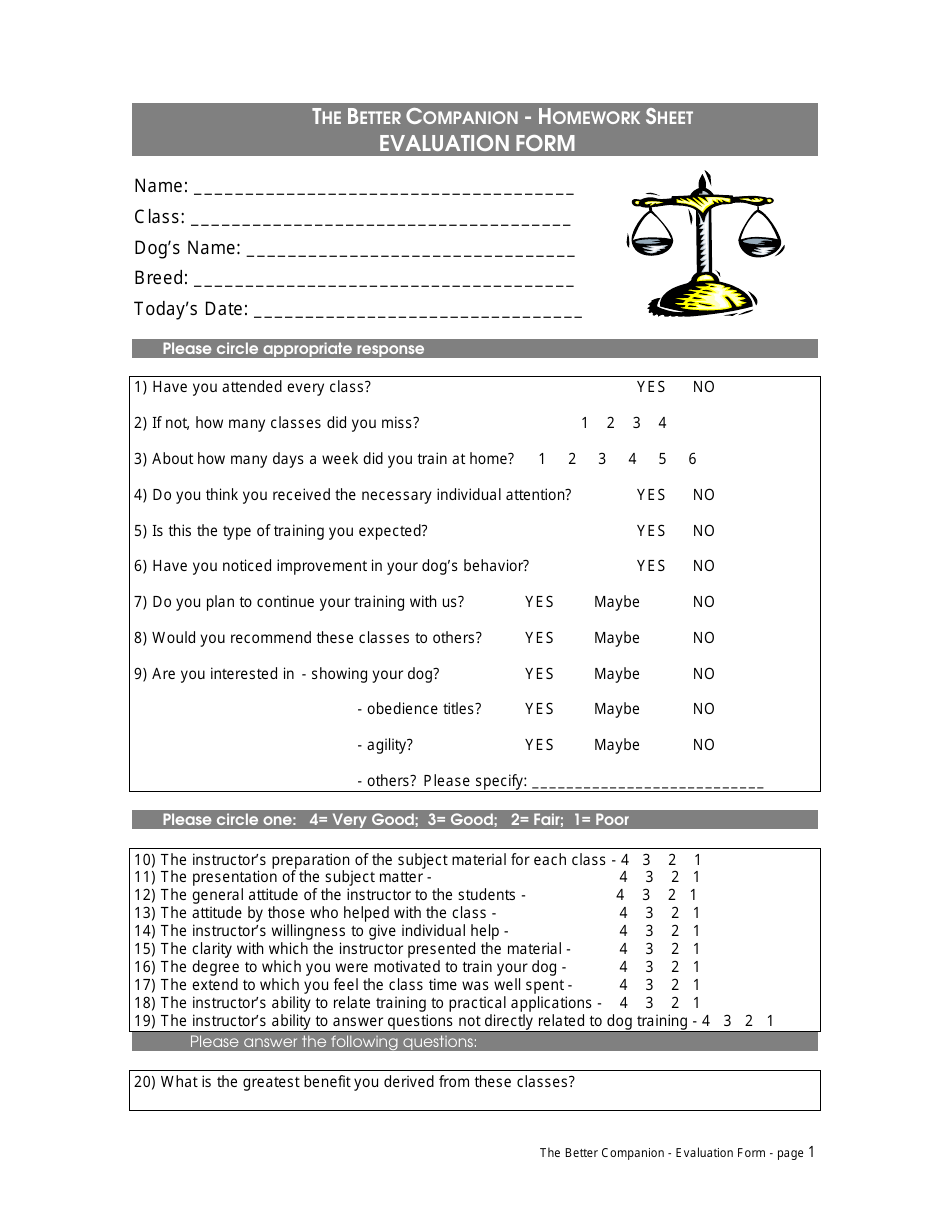 Evaluation Form for Dog Courses - the Better Companion, Page 1