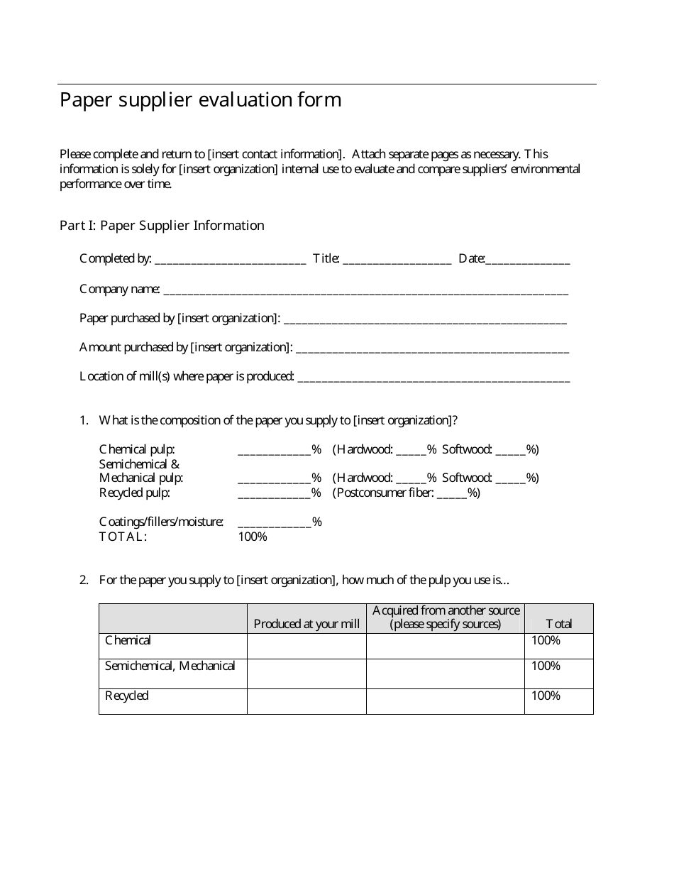 Paper Supplier Evaluation Form, Page 1