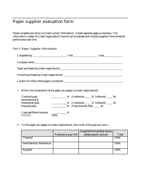&quot;Paper Supplier Evaluation Form&quot; Download Pdf