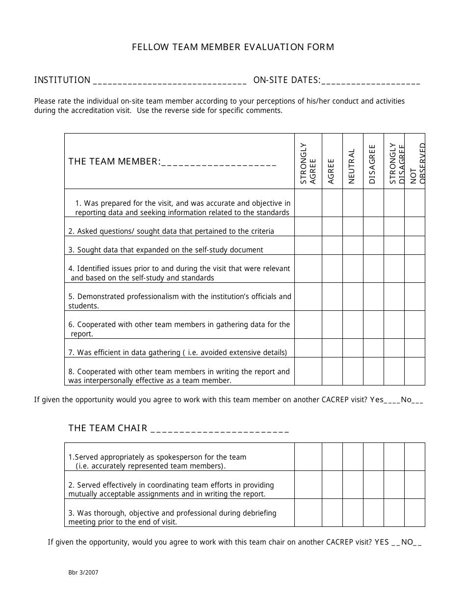 Fellow Team Member Evaluation Form, Page 1