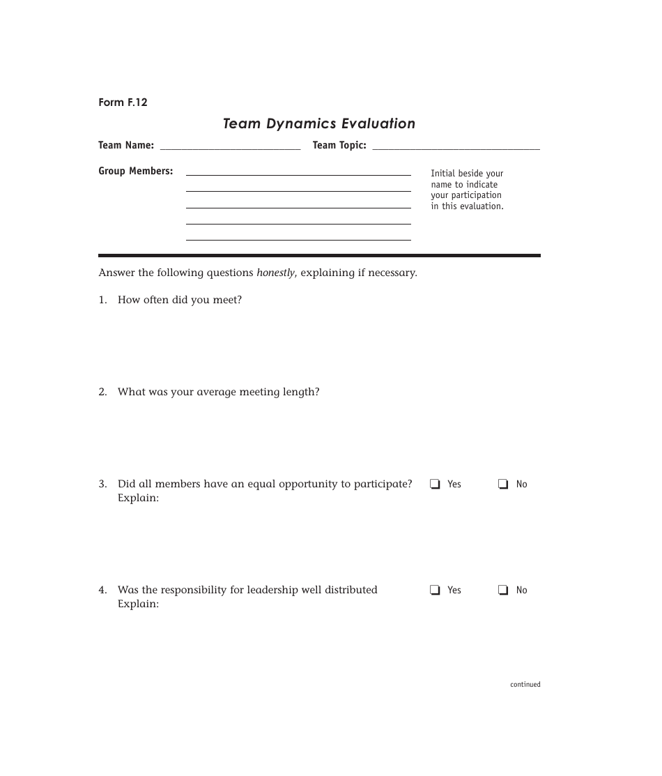 Team Dynamics Evaluation Template, Page 1