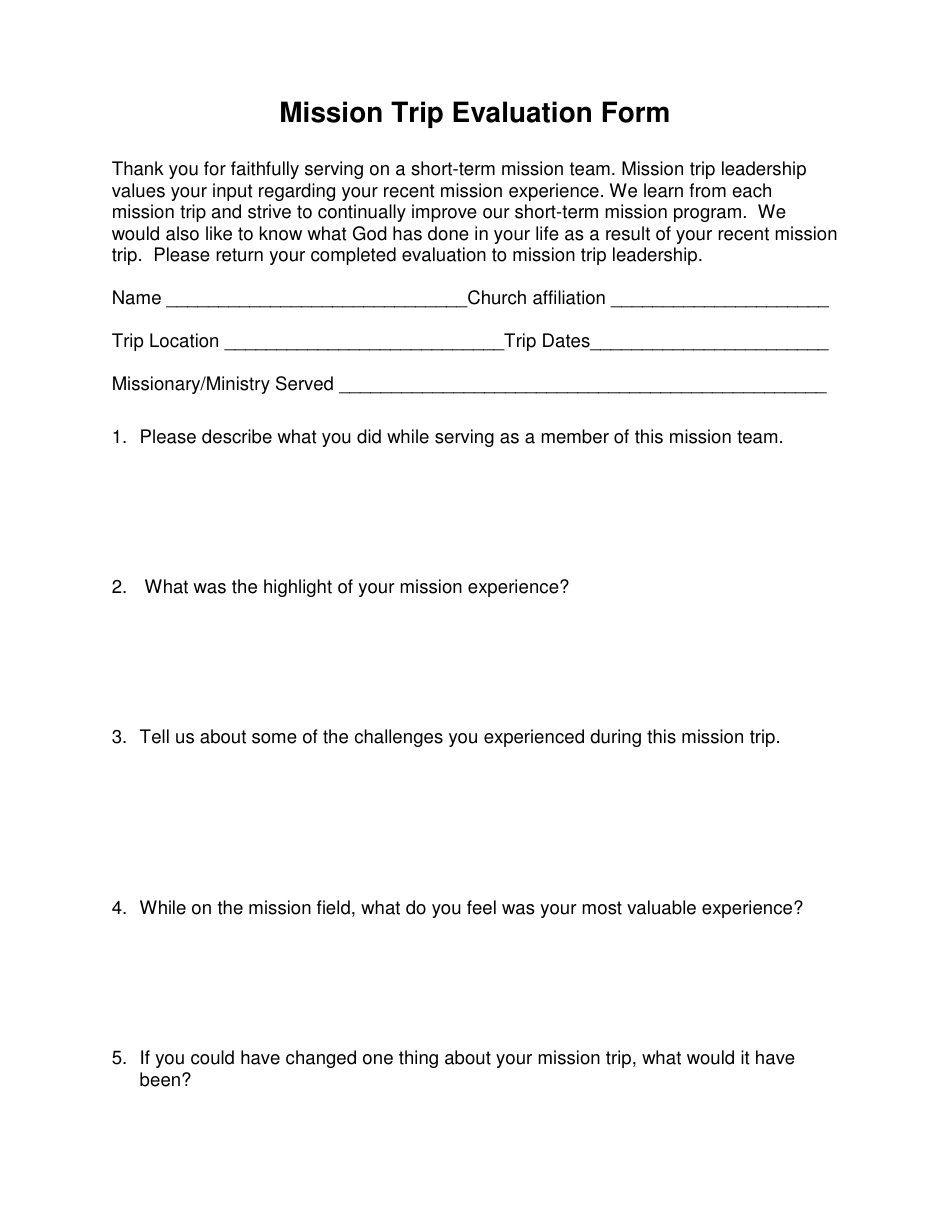 Mission Trip Evaluation Form, Page 1