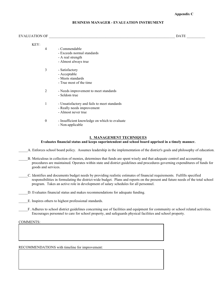 Business Manager - Evaluation Form, Page 1