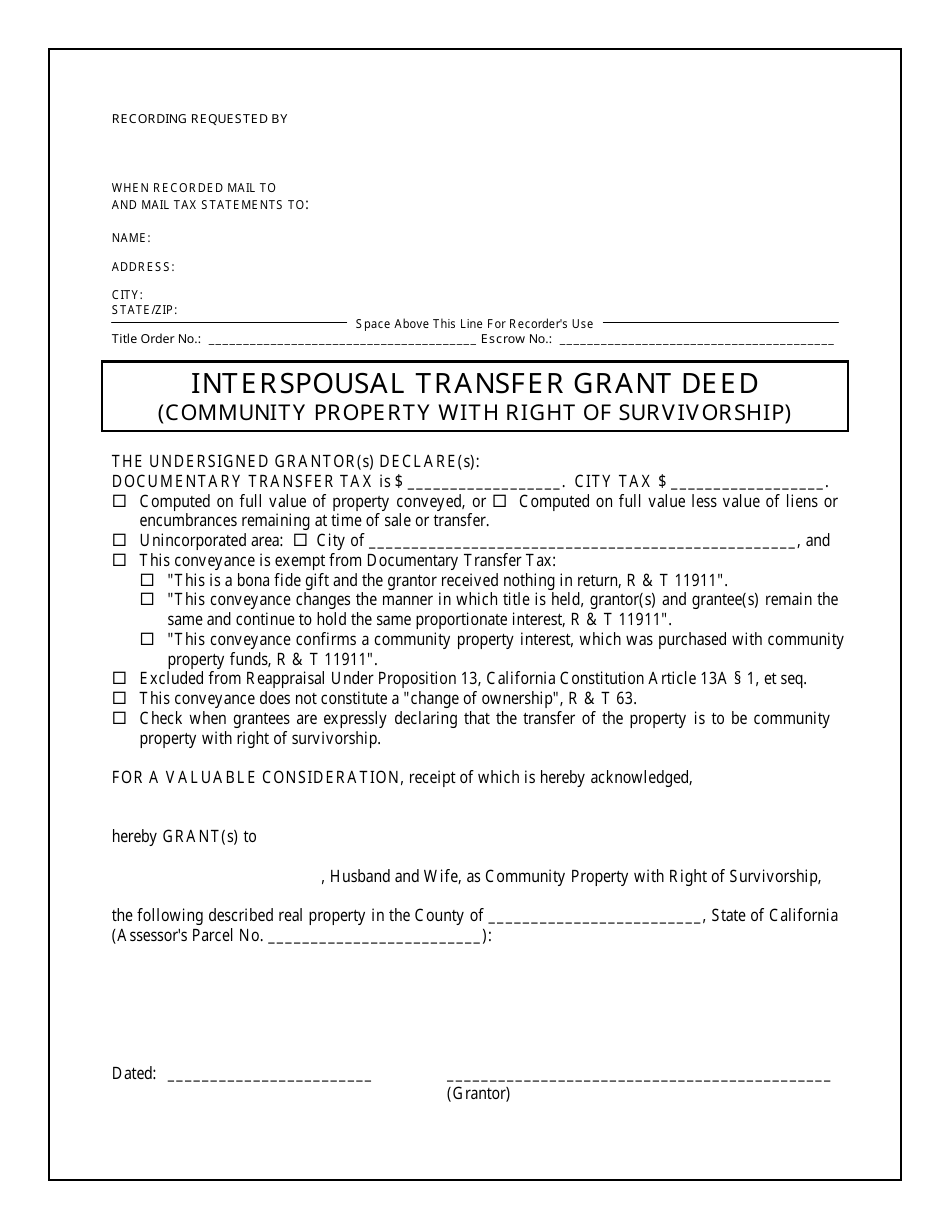 Interspousal Transfer Grant Deed Form (Community Property With Right of Survivorship) - California, Page 1