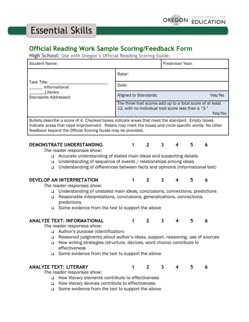 &quot;Official Reading Work Sample Scoring/Feedback Form&quot; - Oregon Download Pdf