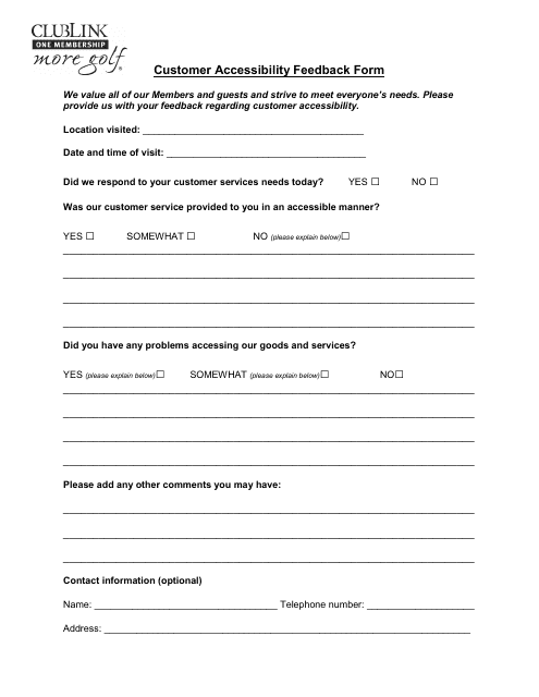 &quot;Customer Accessibility Feedback Form - Clublink&quot; Download Pdf