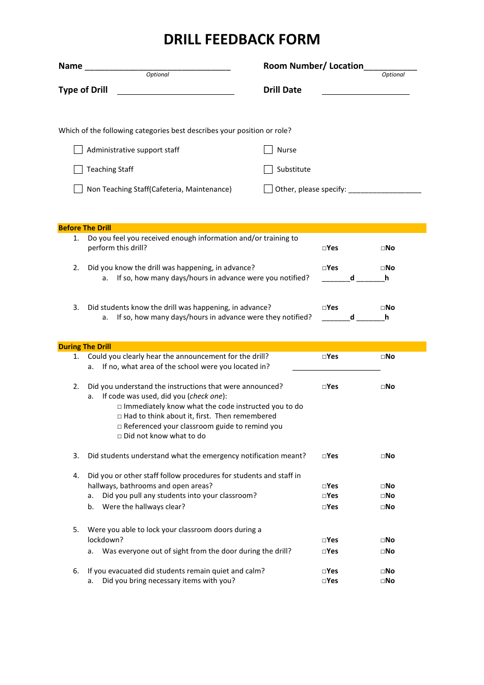 Drill Feedback Form, Page 1