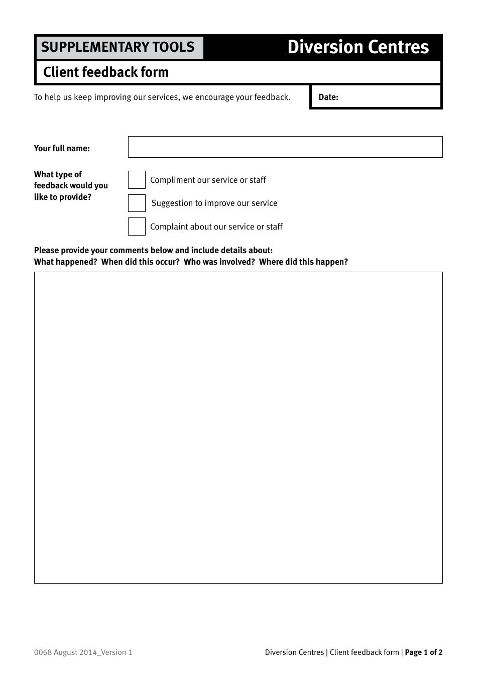 Form 0068 Client Feedback Form - Queensland, Australia, Page 1