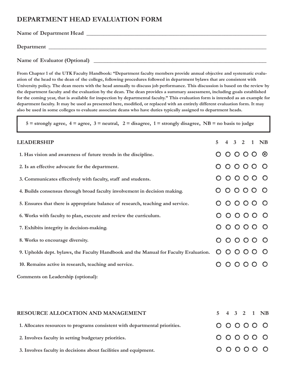 Department Head Evaluation Form, Page 1