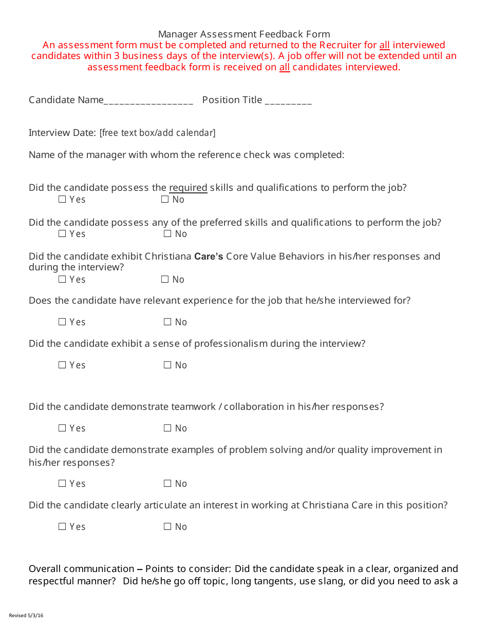 Manager Assessment Feedback Form, Page 1