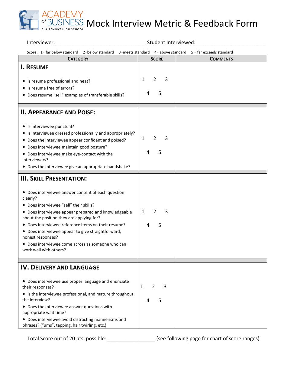 Mock Interview Metric & Feedback Form - Academy of Business - Fill Out ...