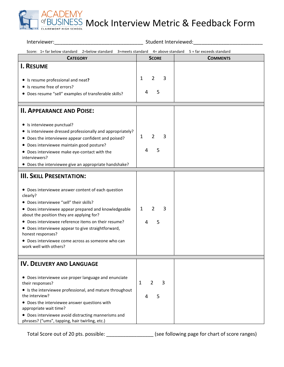 Mock Interview Metric  Feedback Form - Academy of Business, Page 1