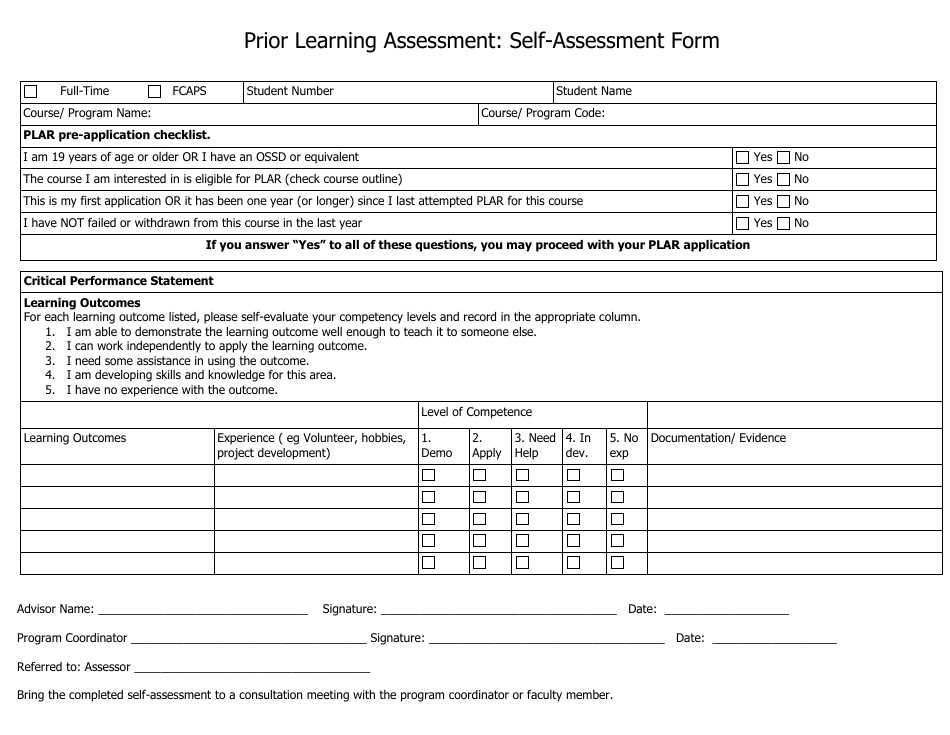 Prior Learning Self-assessment Form, Page 1