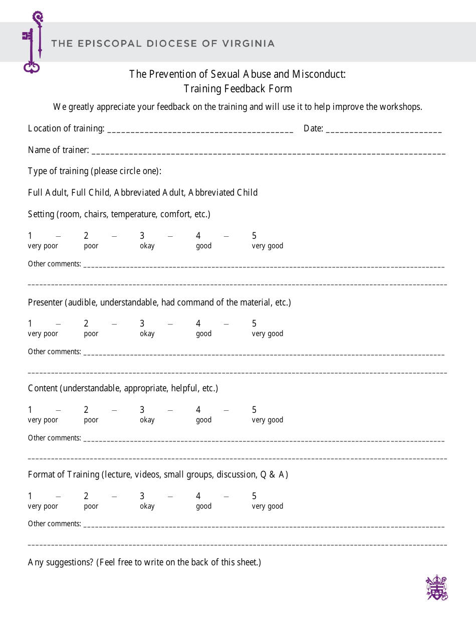 The Prevention of Sexual Abuse and Misconduct Training Feedback Form - the Episcopal Diocese of Virginia, Page 1