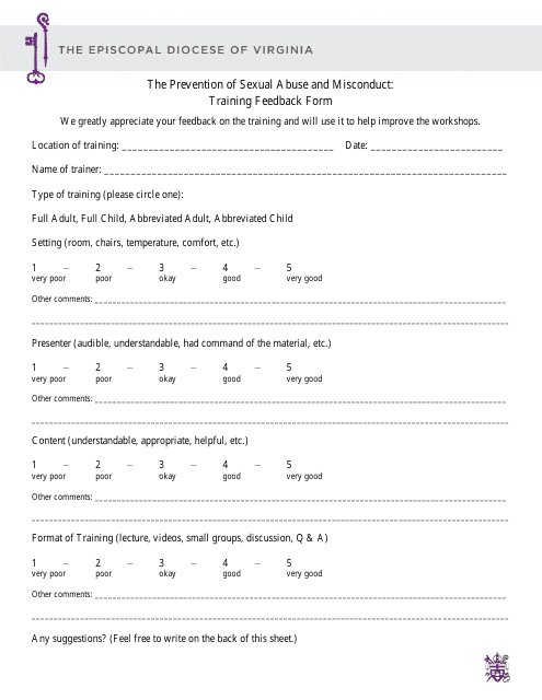 &quot;The Prevention of Sexual Abuse and Misconduct Training Feedback Form - the Episcopal Diocese of Virginia&quot; Download Pdf