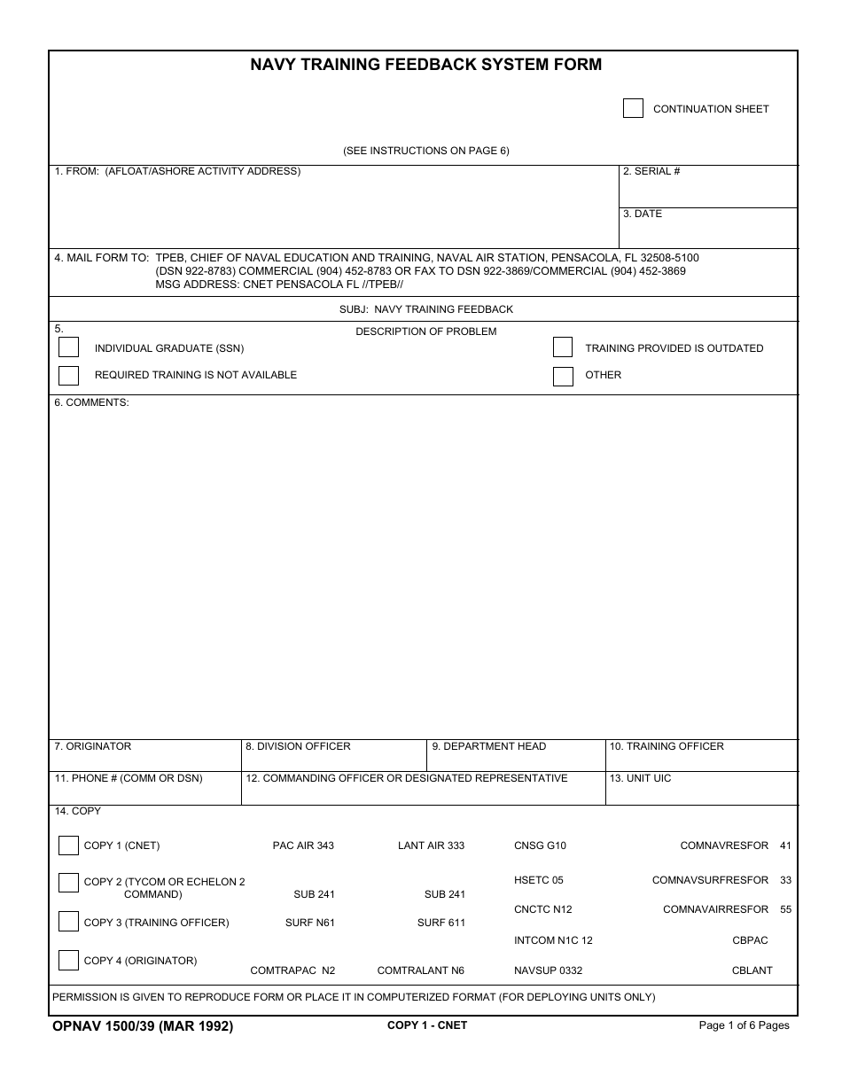 OPNAV Form 1500 / 39 Navy Training Feedback System Form, Page 1
