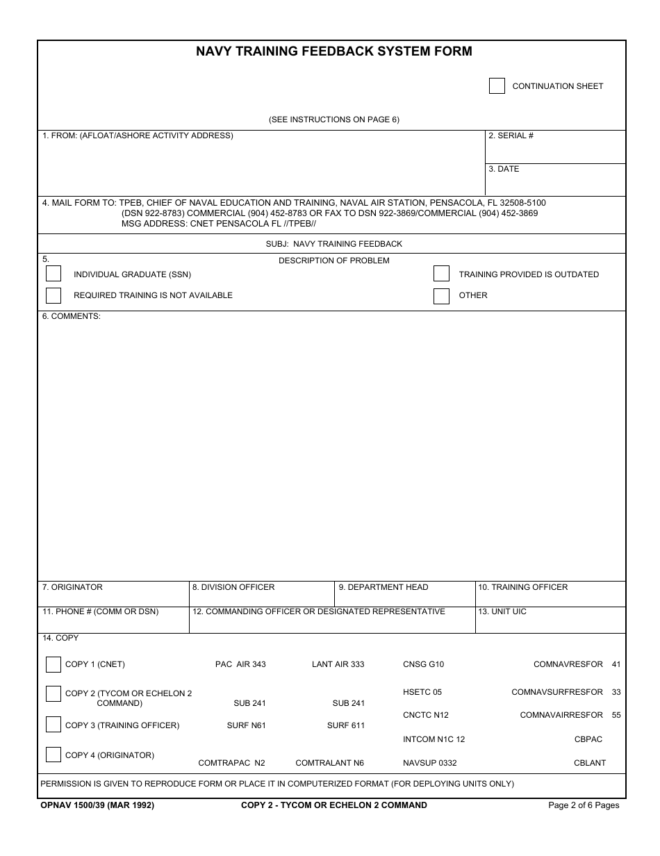 OPNAV Form 1500 / 39 Navy Training Feedback System Form, Page 2