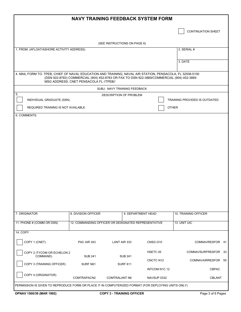 OPNAV Form 1500 / 39 Navy Training Feedback System Form, Page 3