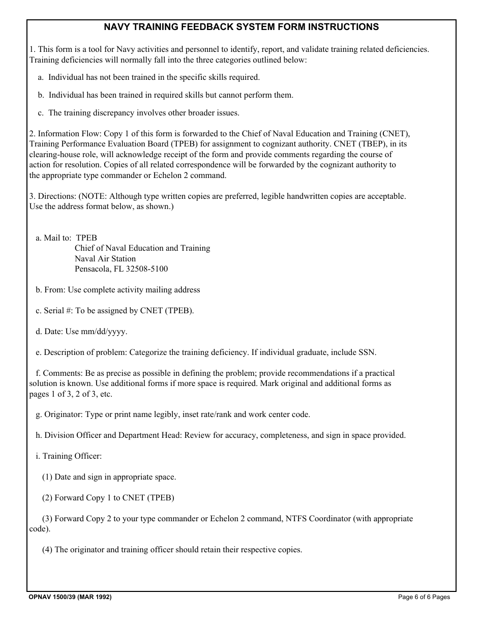 OPNAV Form 1500 / 39 Navy Training Feedback System Form, Page 6