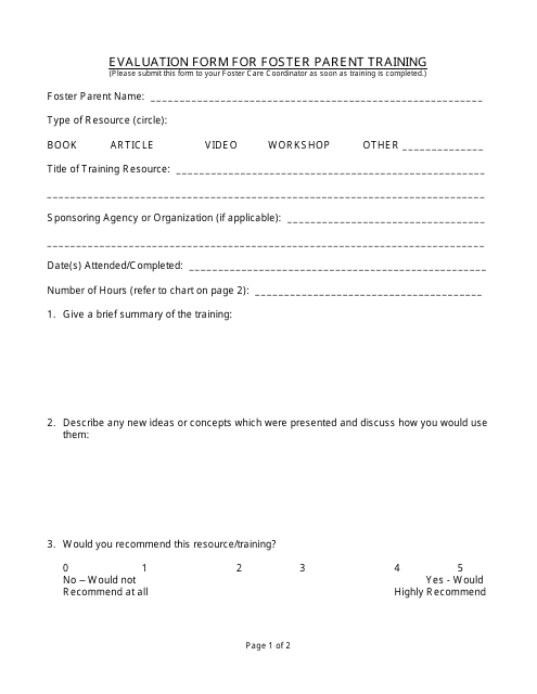 &quot;Evaluation Form for Foster Parent Training&quot; Download Pdf