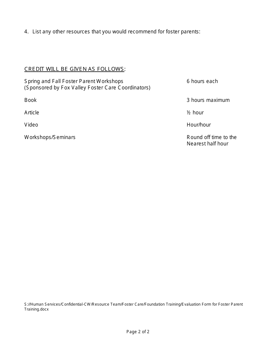 Evaluation Form for Foster Parent Training, Page 2