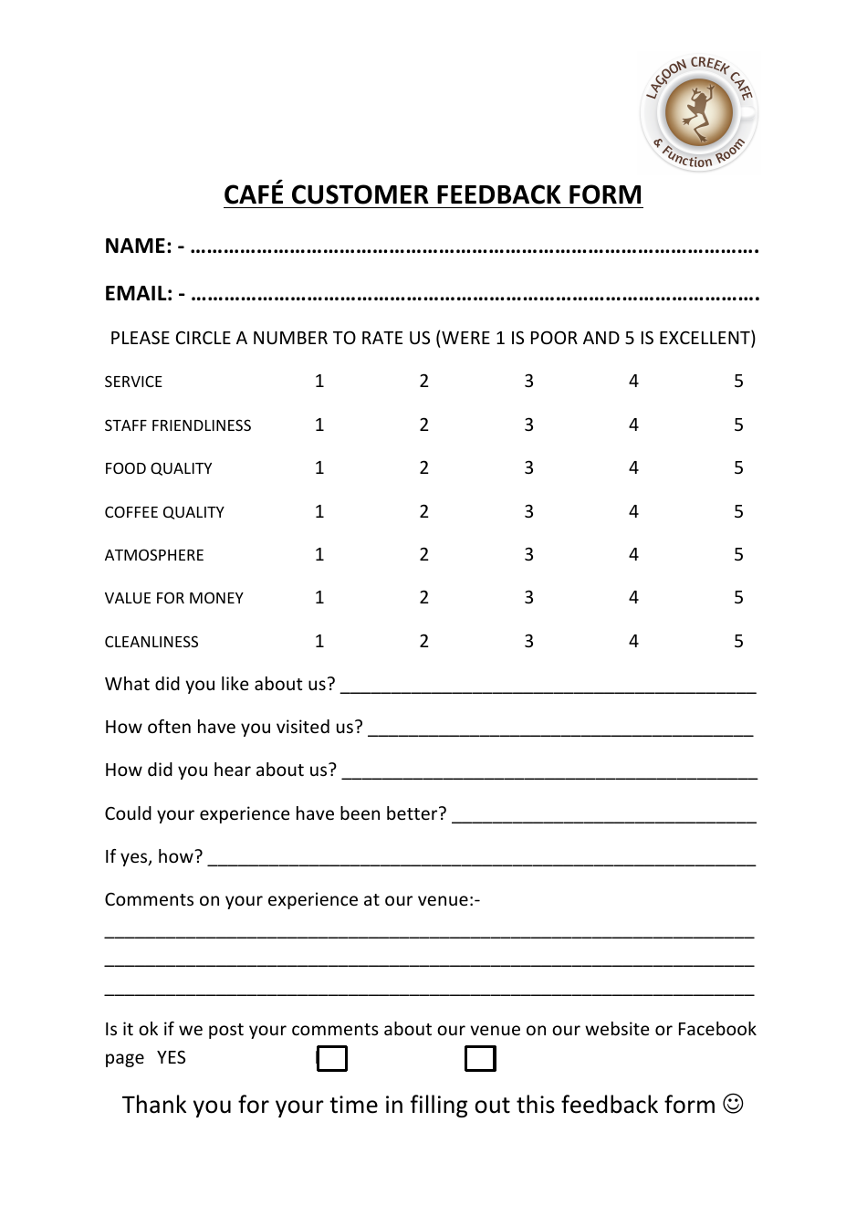 Cafe Customer Feedback Form - Laggon Creek Cafe, Page 1