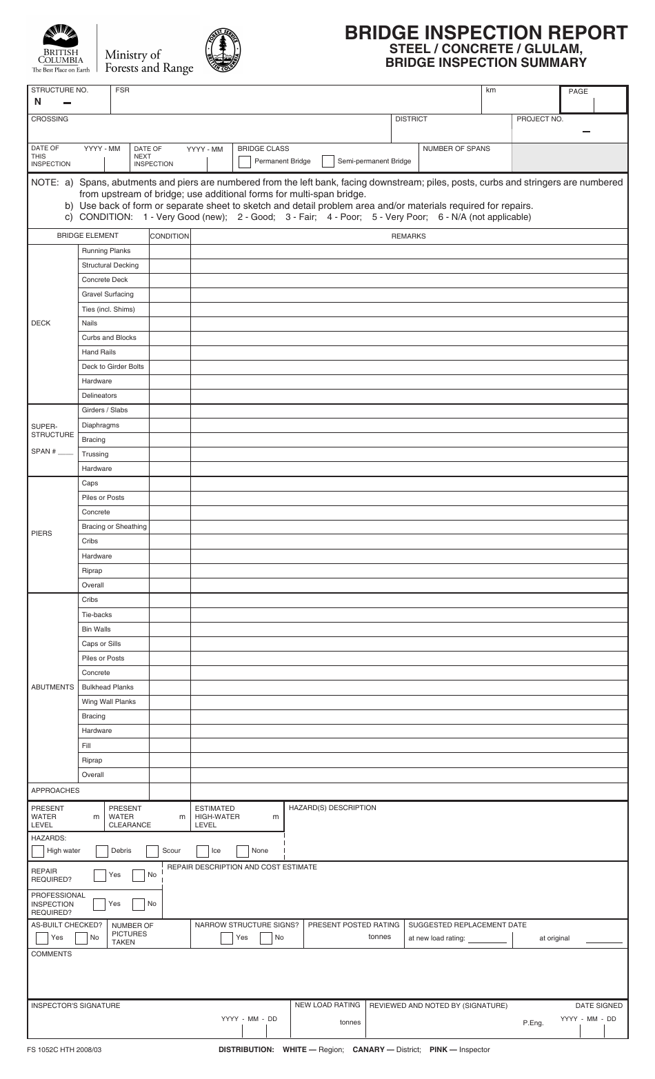 Form FS1052C Bridge Inspection Report - British Columbia, Canada, Page 1