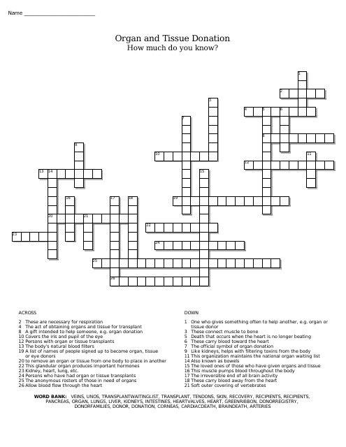 &quot;Organ and Tissue Donation Crossword Puzzle Template With Answers&quot; Download Pdf