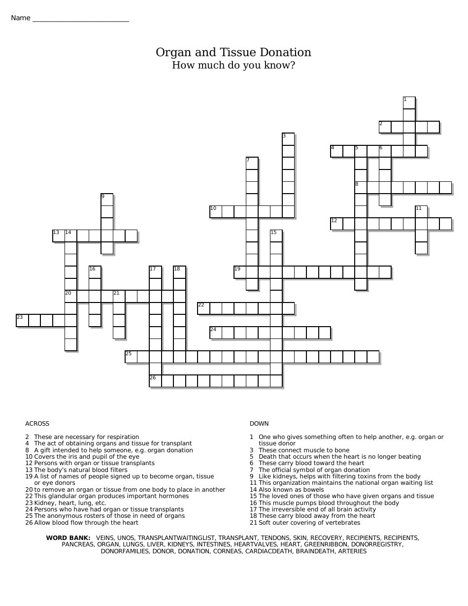Organ and Tissue Donation Crossword Puzzle Template With Answers Image Preview