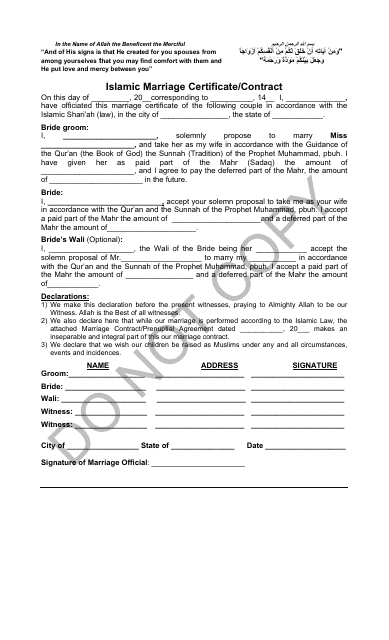 Islamic Marriage Certificate / Contract Template Download Pdf
