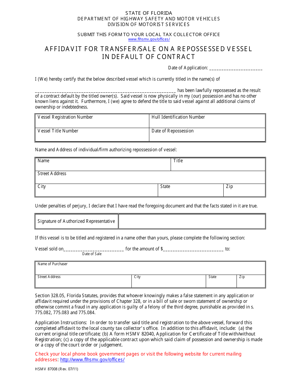 Form HSMV87008 Affidavit for Transfer / Sale on a Repossessed Vessel in Default of Contract - Florida, Page 1