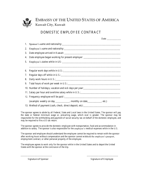 Domestic Employee Contract Form - Embassy of the United States of America - Kuwait City, Al Asimah, Kuwait Download Pdf