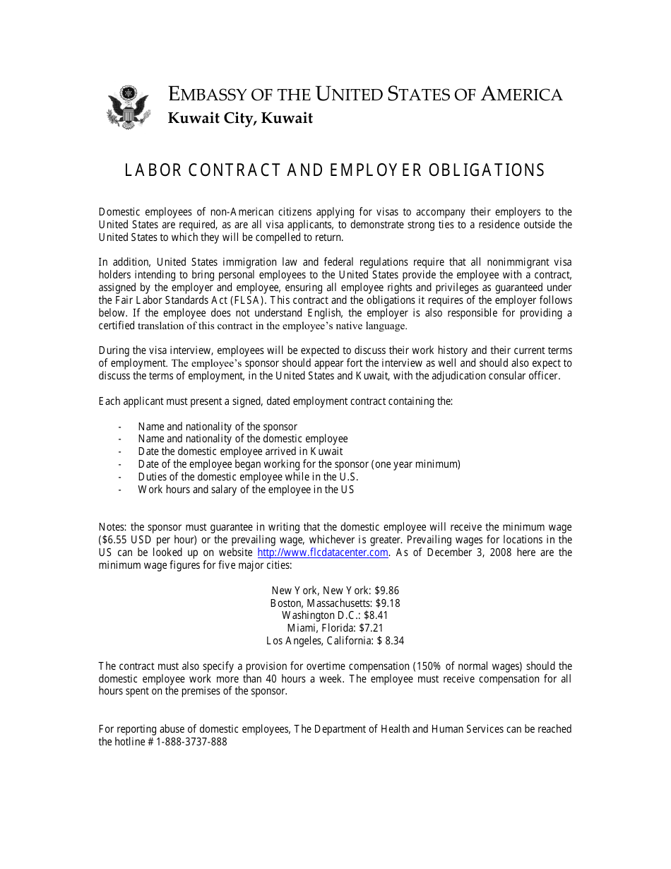 Domestic Employee Contract Form - Embassy of the United States of America - Kuwait City, Al Asimah, Kuwait, Page 2