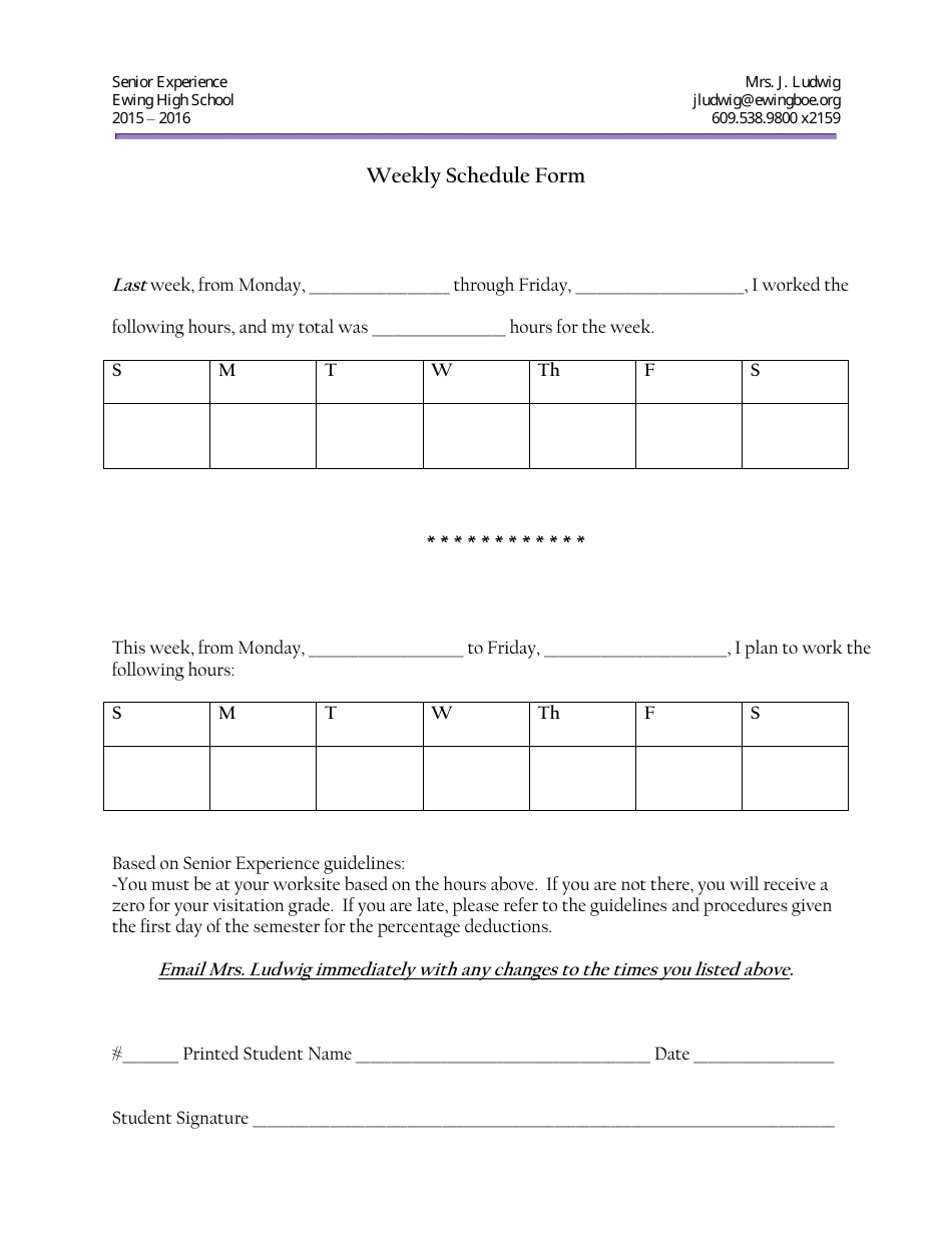 Weekly Schedule Form - Ewing High School, Page 1