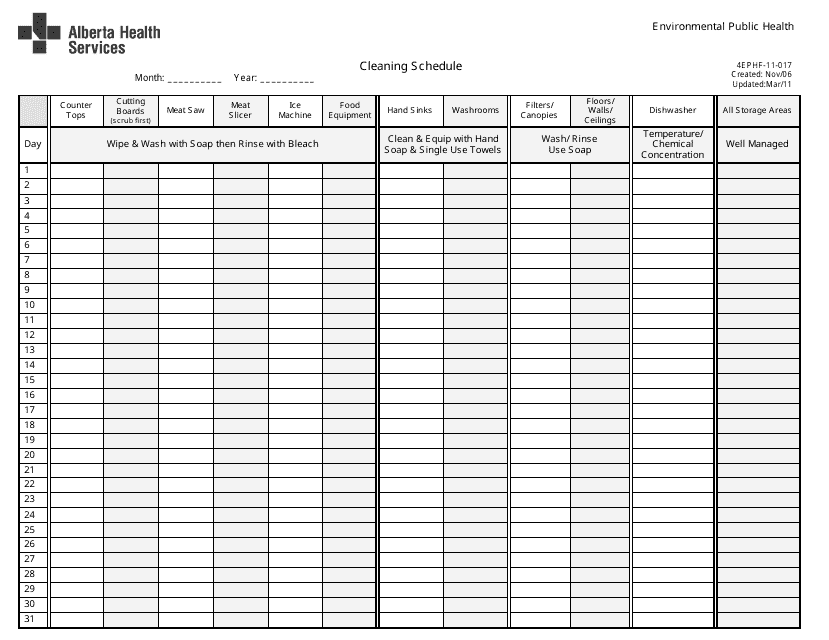 Form 4EPHF-11-017 Cleaning Schedule - Alberta, Canada