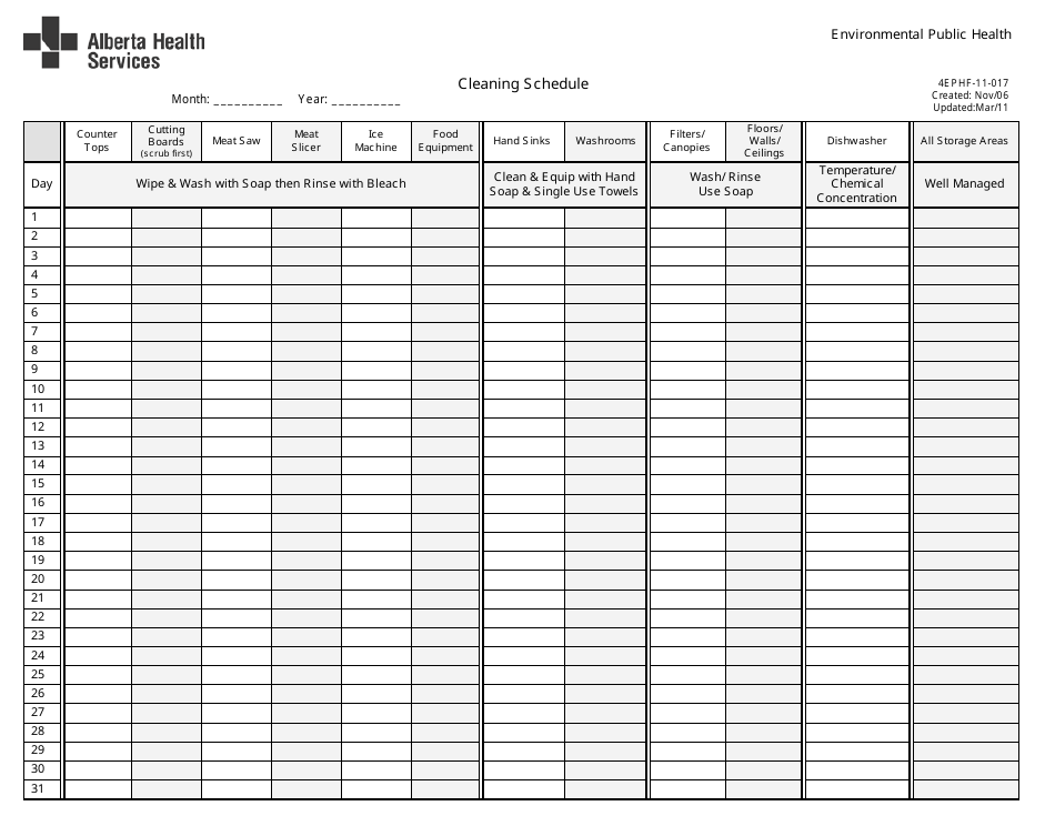 Form 4EPHF-11-017 Cleaning Schedule - Alberta, Canada, Page 1