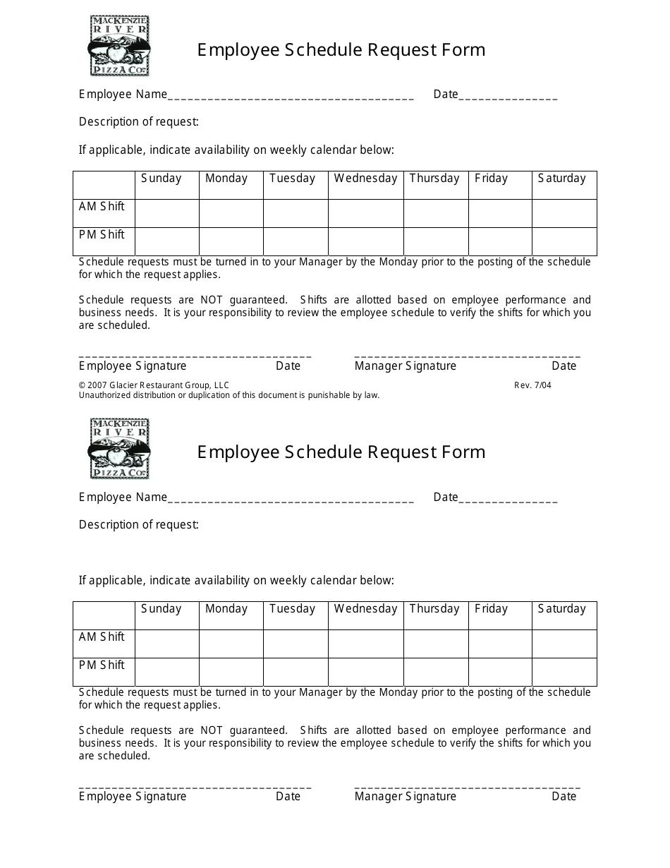 Employee Schedule Request Form - Mackenzie River Pizza, Page 1