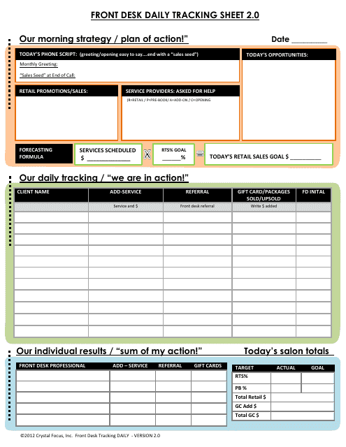 &quot;Front Desk Daily Tracking Sheet Template - Crystal Focus&quot; Download Pdf